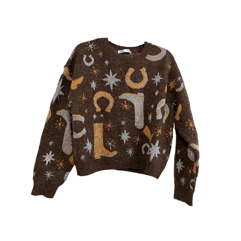 Zara Sweater Western Cowboy Sweater Horseshoe Metallic Brown Medium